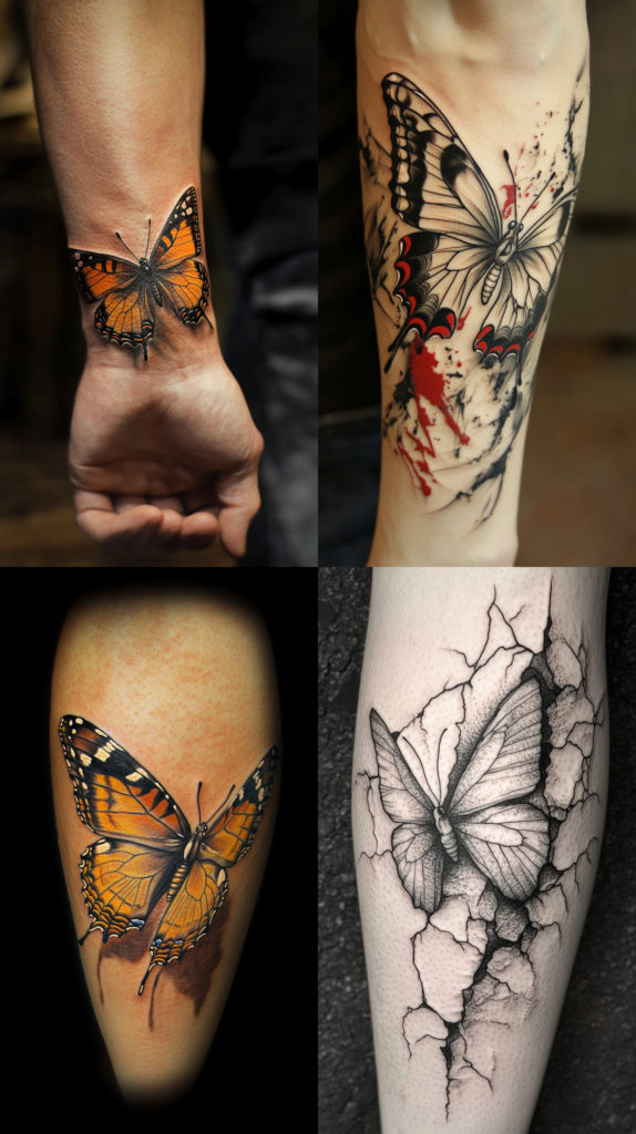 A collection of four butterfly tattoos with different artistic styles. The top left shows a realistic monarch butterfly on someone's wrist, rendered with vivid orange and black details. The top right features a black and white butterfly with red accents and ink splatter effects creating a dynamic, artistic design. The bottom left displays a large, highly detailed monarch butterfly with three-dimensional shading and vibrant orange coloring on what appears to be a calf. The bottom right shows a grayscale butterfly emerging from or breaking through cracked stone or concrete, creating an illusion of depth and dimension through detailed stippling and linework.