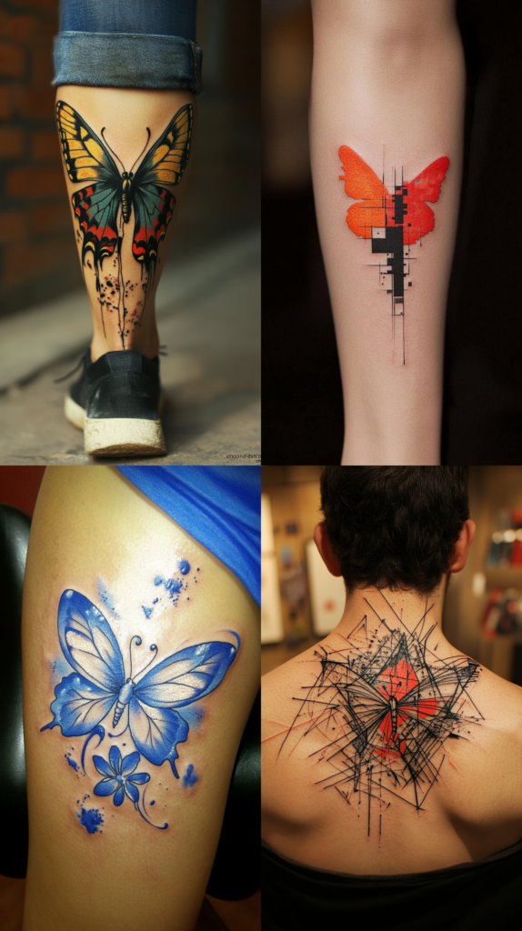 A collection of four artistic butterfly tattoos in different styles. The top left shows a realistic butterfly with yellow and red wings, with black drips trailing beneath it, on someone's calf. The top right features an abstract geometric butterfly in orange and red with black rectangles intersecting it in a modernist style. The bottom left displays a blue watercolor-style butterfly with splatter effects and a small flower accent. The bottom right shows a large abstract butterfly design on someone's upper back created with intersecting geometric lines and a pop of red color, giving it a sketch-like appearance. Each design represents a different artistic approach, from realistic to abstract, incorporating various techniques like watercolor, geometric patterns, and sketch-style linework.