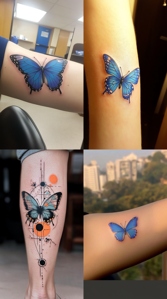 A collection of four tattoos featuring blue morpho butterflies. The top left and right show similar realistic renderings of single blue morpho butterflies with vibrant metallic blue wings and black borders, both on arms. The bottom left features a more stylized design combining a blue morpho with geometric elements, including dotted lines, circles, and orange accents in an abstract composition. The bottom right shows another realistic blue morpho butterfly tattoo photographed with a cityscape visible in the background. All four tattoos capture the distinctive iridescent blue coloring characteristic of the morpho butterfly species, with varying artistic approaches from photorealistic to contemporary geometric styles.