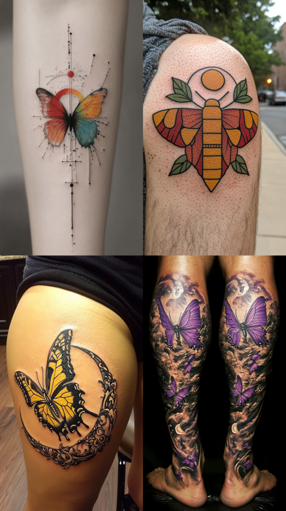 A collection of four unique butterfly tattoo designs. The top left features a geometric butterfly with rainbow wings (red, yellow, and blue) surrounded by dots and lines in a modern abstract style. The top right shows a stylized moth or butterfly in a folk art style with orange and red wings, green leaves, and a sun above it. The bottom left depicts a yellow and black butterfly perched on an ornate crescent moon with decorative scrollwork. The bottom right shows matching leg tattoos with purple butterflies floating through a dramatic cloudy or smoky background that covers both calves. Each design represents a different artistic interpretation, from minimalist geometric to full ethereal sleeve work.