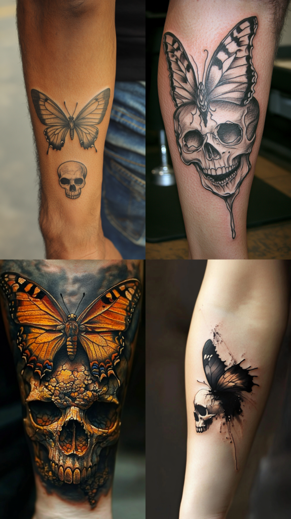 A collection of four tattoos combining butterflies and skulls. The top left shows a gray-scale butterfly above a small skull design. The top right features a butterfly's wings merged into the top of a detailed skull. The bottom left displays a vibrant orange monarch butterfly positioned above an ornate skull with textured details and shadowing. The bottom right shows a minimalist black butterfly design emerging from a skull with paint splatter effects. Each tattoo approaches the butterfly-skull combination with different artistic styles, from realistic to abstract, creating a contrast between life and death symbolism.