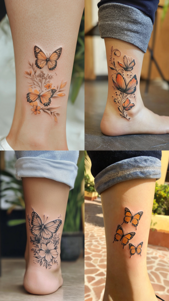 A collection of four ankle butterfly tattoos. The top left shows a delicate arrangement of two orange monarch butterflies with botanical elements and small flowers. The top right displays butterfly-like flower buds in orange and blue tones with decorative swirls and a crescent moon detail. The bottom left features a black and gray butterfly above detailed flower blooms and leaves. The bottom right shows three monarch butterflies in a ascending diagonal line, rendered in realistic orange and black coloring. All four designs are placed on the ankle area, each showcasing different ways to incorporate butterflies with complementary design elements while maintaining a size appropriate for ankle placement.