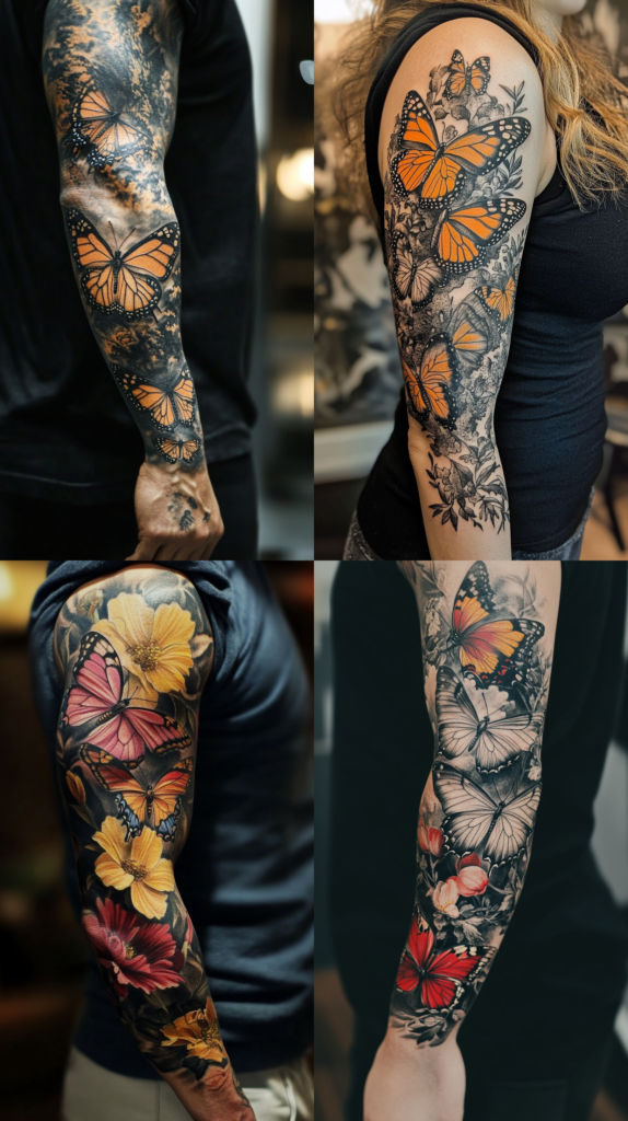 A collection of four full-sleeve butterfly tattoos featuring dramatic color transitions. The top left shows monarchs in vibrant orange against a dark, smoky background. The top right displays multiple orange monarch butterflies integrated with gray floral elements down the entire arm. The bottom left features butterflies in pink and orange tones amid yellow and red flowers with dark negative space. The bottom right shows a progression of butterflies from orange to white to red, interwoven with floral elements in a cohesive sleeve design. All four tattoos demonstrate masterful use of contrast between vibrant butterfly colors and more subdued or grayscale background elements to create depth and visual interest throughout the full sleeve.