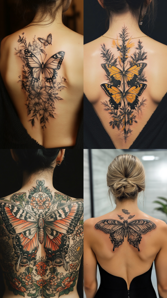 A collection of four back butterfly tattoos. The top left shows black and gray butterfly designs with detailed floral elements trailing down the spine. The top right features two yellow and black butterflies amid pine or fern branches arranged in a vertical composition. The bottom left displays an elaborate design with a large orange and black butterfly surrounded by ornate floral patterns and decorative elements covering most of the back. The bottom right shows a large single butterfly rendered in traditional black linework positioned between the shoulder blades. Each tattoo demonstrates different approaches to back placement, from delicate and flowing designs to bold, symmetrical compositions.