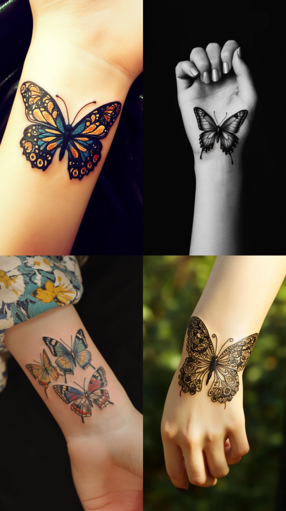 A collection of four wrist/hand butterfly tattoos with different artistic styles. The top left shows a vibrant butterfly with orange and blue wings featuring intricate pattern details. The top right displays a simple black and gray butterfly in a dramatic black and white photograph on someone's inner wrist. The bottom left features three delicate butterflies in soft blues and reds clustered together on an ankle. The bottom right shows an ornate butterfly with detailed lace-like wing patterns on the top of someone's hand. Each design demonstrates different approaches to butterfly tattoos, from colorful and bold to delicate and intricate, all sized appropriately for their wrist or hand placement.