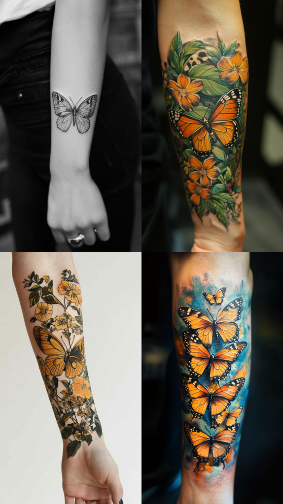 A collection of four forearm butterfly tattoos in contrasting styles. The top left shows a simple black and gray butterfly in a minimalist linework style, photographed in black and white. The top right features a vibrant scene with a monarch butterfly among orange flowers and green foliage. The bottom left displays a botanical composition with a monarch butterfly amid yellow flowers and detailed leaves in a vintage illustration style. The bottom right shows multiple monarch butterflies in a vertical arrangement against a dramatic blue watercolor background. Each design demonstrates different approaches to forearm placement, from minimal to elaborate, monochrome to full color.