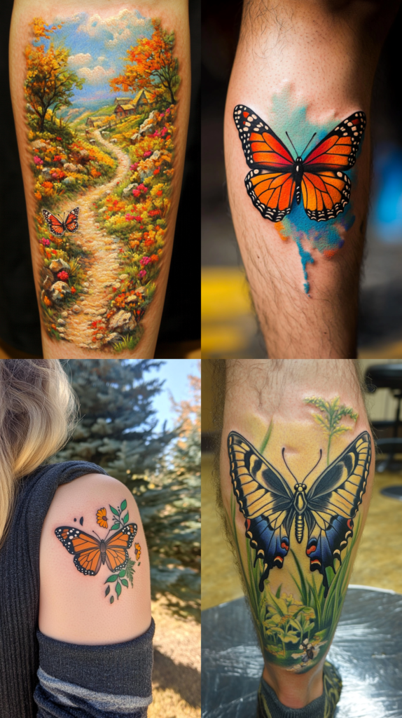 A collection of four butterfly tattoos in nature settings. The top left shows an intricate autumn landscape scene with a winding path through wildflowers, fall trees, distant houses, and a small monarch butterfly in flight. The top right features a monarch butterfly against a splashed watercolor background in blues and oranges. The bottom left displays a monarch butterfly with orange flowers and green leaves on someone's shoulder, photographed outdoors. The bottom right shows a large swallowtail butterfly above grass and wildflowers in a naturalistic garden scene on someone's lower leg. Each tattoo integrates the butterflies into different natural environments, from detailed landscapes to simple floral accents.