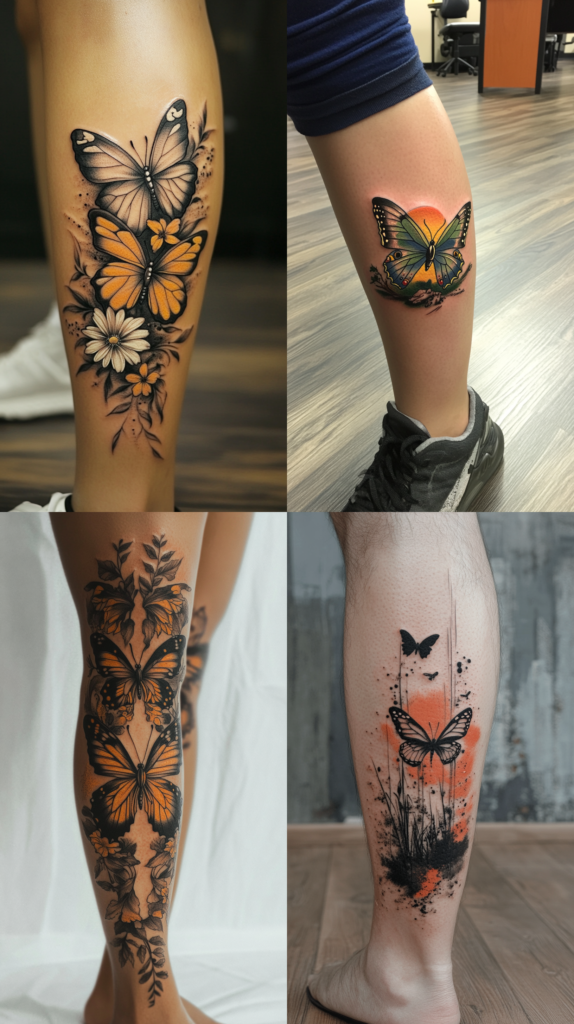 A collection of four leg butterfly tattoos. The top left shows a butterfly arrangement with one gray and one orange butterfly among yellow and white daisies. The top right features a single butterfly with a sunset effect behind it in orange and green tones. The bottom left displays a symmetrical design with three orange monarch butterflies arranged vertically with botanical elements. The bottom right shows a minimalist design with a monarch butterfly over abstract black grass silhouettes and orange watercolor splashes, with smaller butterflies flying above. All four tattoos are placed on the calf or shin area, each using different artistic techniques to create depth and visual interest.