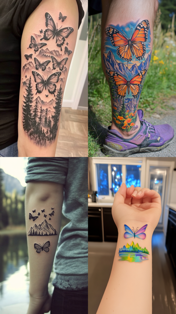 A collection of four nature-themed butterfly tattoos combining mountains and butterflies. The top left shows a black and gray forest scene with multiple butterflies ascending above pine trees and mountain peaks. The top right features two vibrant monarch butterflies against a colorful mountain landscape with blue peaks and orange wildflowers. The bottom left displays a minimalist design with small black butterflies flying above a simple mountain and forest outline. The bottom right shows a watercolor-style design with a rainbow-colored mountain lake reflection below a blue and pink butterfly. Each piece combines the natural elements of mountains and butterflies in different artistic styles, from realistic to abstract.