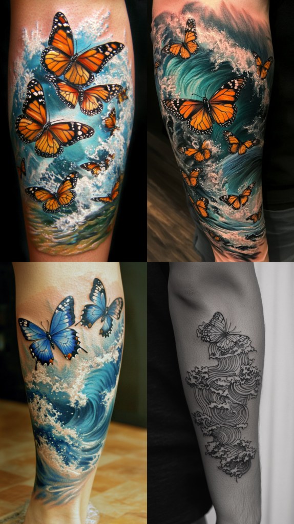 A collection of four ocean-themed butterfly tattoos. The top left and right show similar designs featuring multiple monarch butterflies in vibrant orange soaring over turquoise ocean waves with white spray. The bottom left depicts two blue morpho butterflies above a detailed ocean wave with dramatic white foam and water movement. The bottom right shows a minimalist black line drawing of a butterfly above stylized Japanese-inspired wave patterns. Each design combines the movement and power of ocean waves with the graceful flight of butterflies, using different color palettes and artistic approaches, from realistic color work to simple line art.