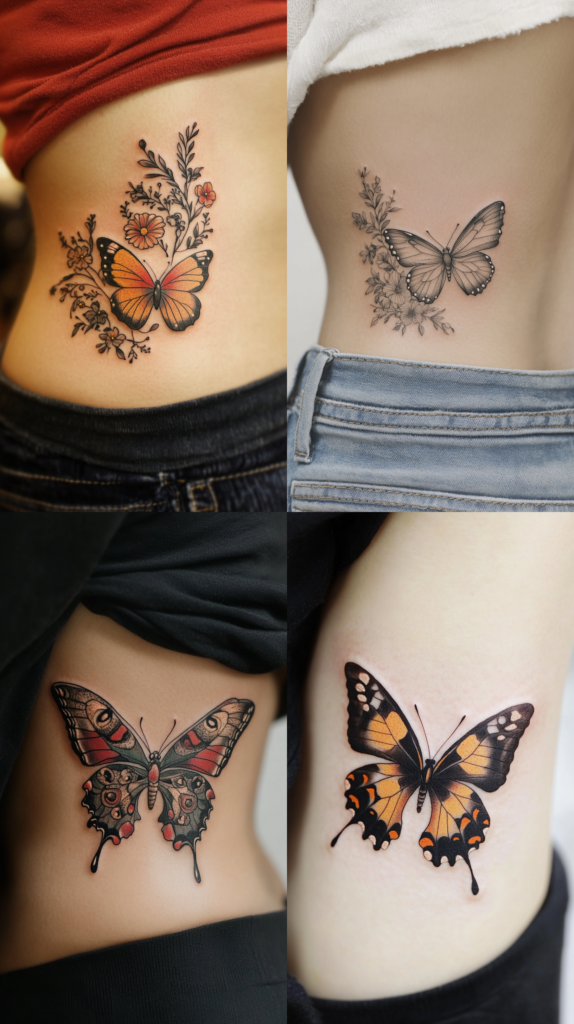 A collection of four side/hip butterfly tattoos. The top left features a monarch butterfly with orange wings amid black floral elements and small flowers. The top right shows a delicate grayscale butterfly with detailed botanical accents. The bottom left displays an ornate butterfly design with red and blue-green tones and decorative wing patterns. The bottom right shows a realistic monarch butterfly rendered in orange and black with precise wing detail. All four tattoos are placed along the side of the torso near the hip area, each demonstrating different artistic approaches while maintaining elegant proportions for this body placement.