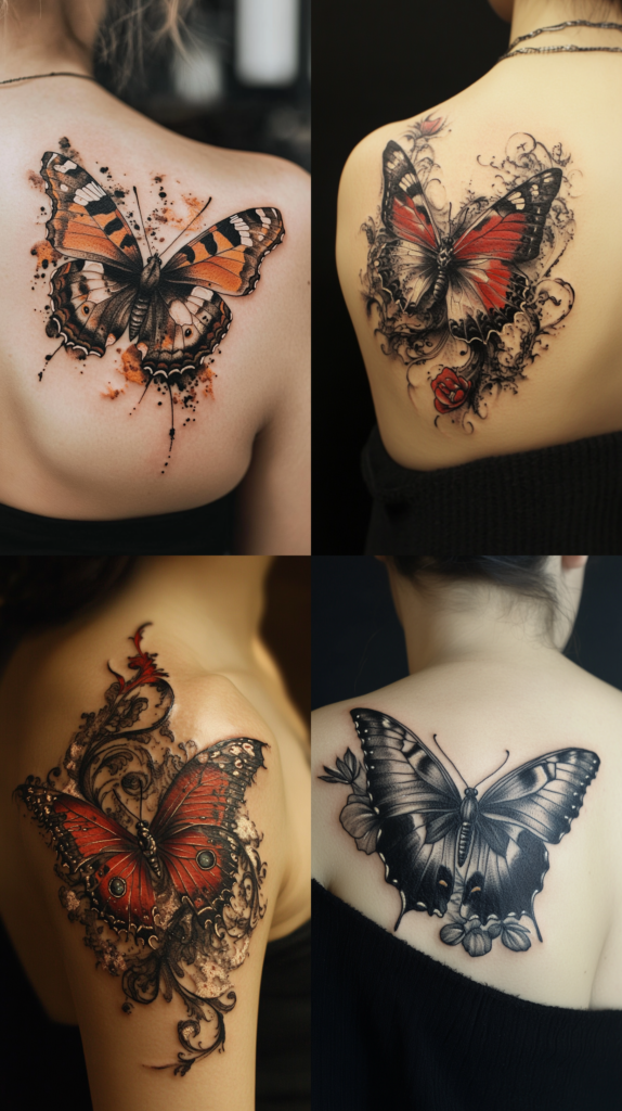 A collection of four artistic back butterfly tattoos. The top left shows a realistic butterfly in orange and black with paint splatter effects around it. The top right features a red and black butterfly with ornate scrollwork and a small rose accent. The bottom left displays a dramatic red butterfly with intricate Victorian-style filigree patterns and decorative swirls. The bottom right shows a large grayscale butterfly with detailed shading and small floral elements at the base. All four tattoos share a similar placement on the upper back/shoulder area but demonstrate different artistic approaches, from watercolor-style effects to ornate decorative elements.