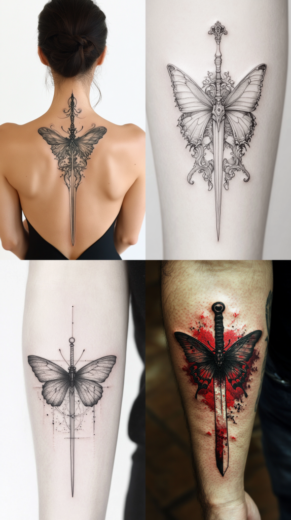 A collection of four butterfly-sword fusion tattoos. The top left shows an ornate sword design down the spine with butterfly wings forming the crossguard, decorated with delicate scrollwork. The top right features a similar concept but with more elaborate baroque-style ornamentation and larger butterfly wings. The bottom left displays a minimalist version with geometric elements and dotted lines surrounding a butterfly-sword hybrid. The bottom right shows a darker interpretation with a black butterfly atop a sword against splattered red ink. Each design combines the delicate nature of butterflies with the strength of swords, creating a unique blend of feminine and masculine symbolism.