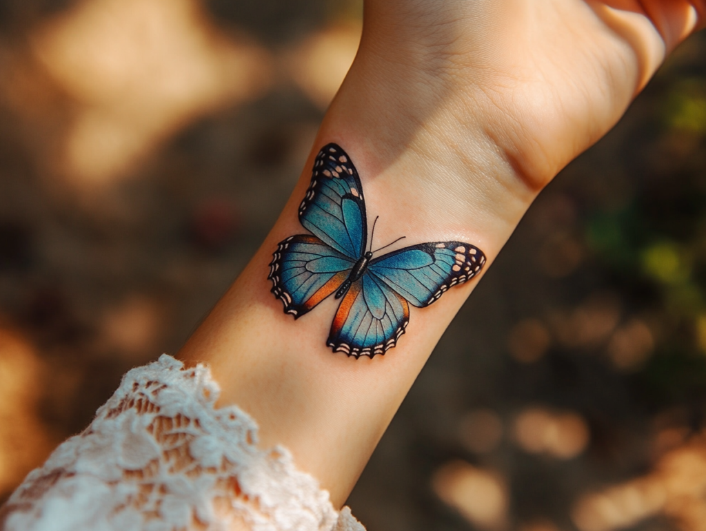 A beautifully executed wrist tattoo of a blue morpho butterfly, photographed in warm natural lighting. The tattoo features stunning color gradients from turquoise blue in the center to darker blue edges, with touches of orange and black detailing. The design demonstrates exceptional realism, with precise line work in the wing patterns and white dotted accents along the edges. The shading creates a three-dimensional effect, making the butterfly appear to rest naturally on the skin. The delicate lace sleeve in the foreground adds an elegant frame to the image. The tattoo's size and placement on the inner wrist is perfectly proportioned, making it both a subtle and striking piece of body art.