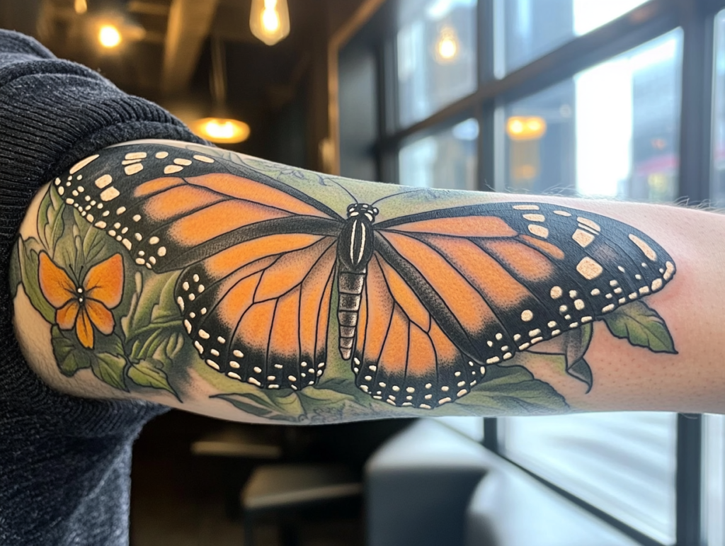 A highly detailed forearm tattoo of a monarch butterfly with a small yellow butterfly accent. The main monarch butterfly is rendered in vivid orange with precise black borders and white dotted patterns characteristic of monarch wing markings. The tattoo shows excellent attention to detail, from the segmented body of the butterfly to the subtle shading in the orange wing sections. Green leaves frame the composition, adding depth and natural context. The piece demonstrates masterful color saturation and line work, particularly in the intricate wing patterns and borders. Photographed in natural lighting near a window, which highlights the vibrant orange coloring and clean execution of the design.