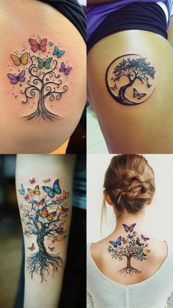 A collection of four tattoos combining trees and butterflies. The top left shows a whimsical tree with curling branches and rainbow-colored butterflies emerging from it. The top right features a minimalist yin-yang design incorporating a tree and butterflies in black ink. The bottom left displays a detailed tree with exposed roots and multiple colorful butterflies appearing to flutter around its branches. The bottom right shows a tree centered on someone's upper back with butterflies in various colors emerging from its flowering branches. Each design interprets the tree-and-butterfly theme differently, from fantasy-inspired swirls to realistic botanical elements, but all maintain the symbolism of growth and transformation.