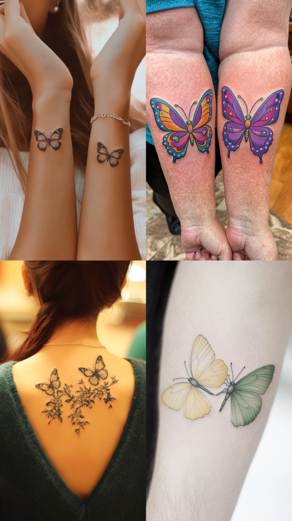 A collection of four butterfly tattoo designs that appear to be friendship or connection-themed. The top left shows matching black and gray butterfly tattoos on two wrists side by side. The top right features complementary butterfly designs on two forearms - one in orange and blue tones, the other in purple shades. The bottom left depicts two butterflies with floral elements on someone's upper back. The bottom right shows a delicate design of two butterflies meeting, one in pale yellow and one in soft green, creating a gentle gradient effect. Each design demonstrates different approaches to paired butterfly tattoos, from simple matching designs to complementary color schemes.