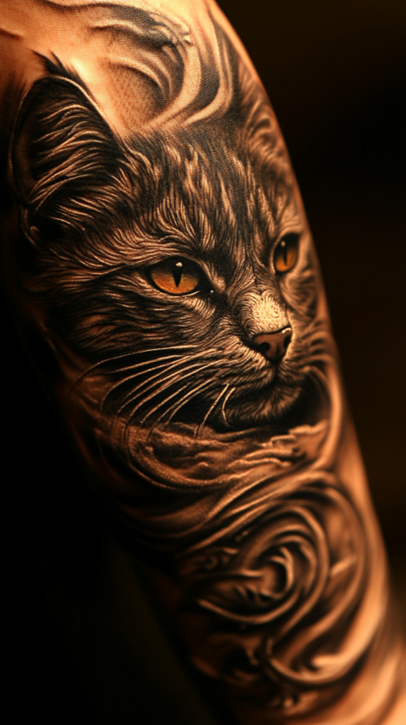 9. Engraved Cat Tattoo