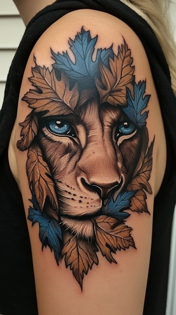 5. Fierce Lion's Gaze Piercing Through Autumn Leaves