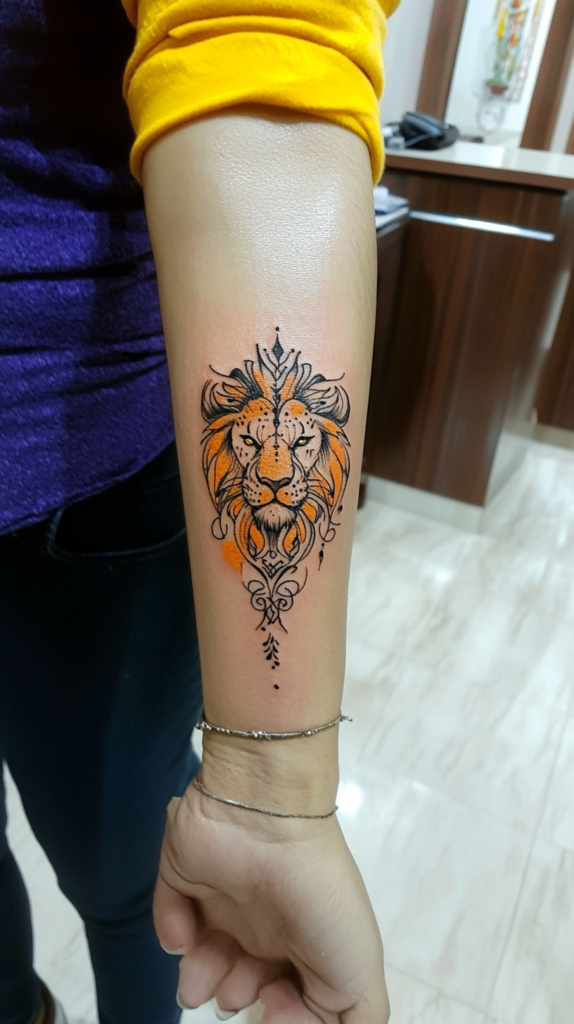 19. Fiery Lion Emerging from Ornate Black Linework