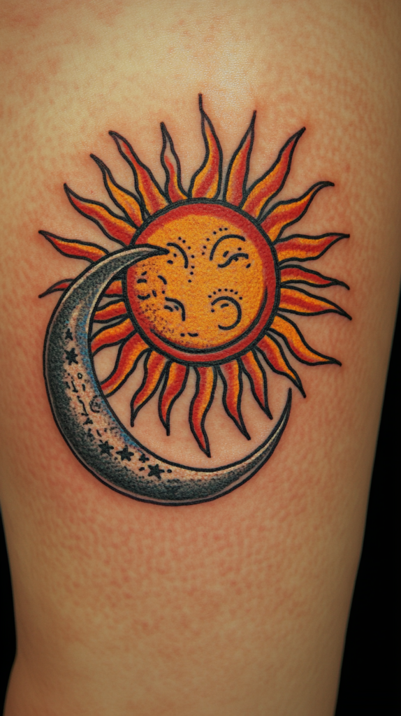 11. Fiery Sun Rays Embracing Crescent Moon