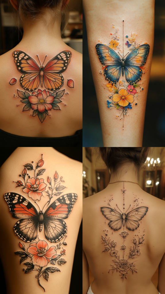 A collection of four butterfly and floral tattoos. The top left shows a monarch butterfly in orange and black above a detailed flower on the upper back. The top right features a blue and orange butterfly with watercolor effects above yellow and pink flowers with dotted line details. The bottom left displays a large red-orange butterfly centered between floral arrangements with detailed leaves and buds. The bottom right shows a delicate grayscale butterfly above a vertical arrangement of roses and other flowers, connected by a dotted line down the spine. All four designs combine realistic butterfly imagery with botanical elements in different artistic styles.