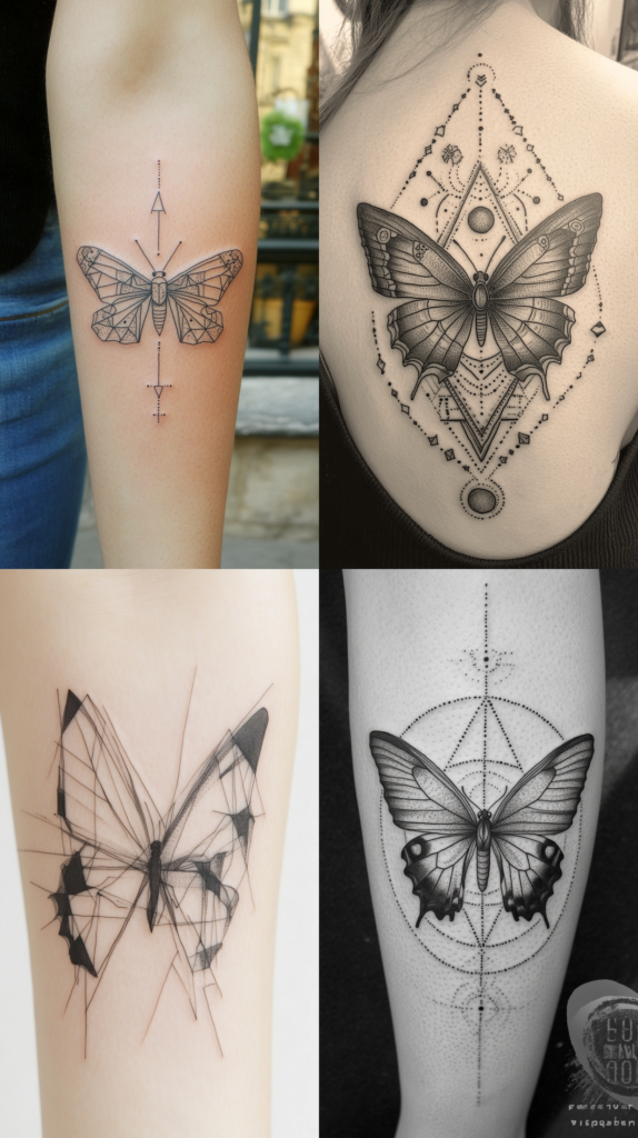 A collection of four geometric and spiritual-themed butterfly tattoos in black ink. The top left shows a butterfly with crystalline geometric wing patterns surrounded by minimal arrow and dot details. The top right features a large butterfly centerpiece surrounded by ornate mandala-like patterns, dots, and geometric shapes on someone's back. The bottom left depicts an abstract butterfly created through intersecting geometric lines, giving a fragmented, modern art appearance. The bottom right shows a detailed butterfly with shaded wings centered in a pattern of dotted circles and lines forming a sacred geometry design. All four tattoos combine natural butterfly forms with mathematical precision and spiritual symbolism.