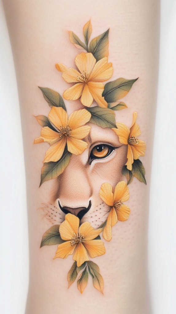 13. Golden Lioness Peering Through Vibrant Orange Blossoms