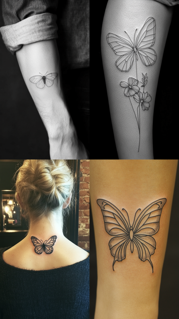 A collection of four minimalist black line tattoos featuring butterflies. The top left shows a small, delicate butterfly outline on a forearm. The top right depicts a larger butterfly above three simple flower outlines in a flowing design. The bottom left features a symmetrical butterfly tattoo centered on the back of someone's neck. The bottom right shows a detailed but clean-lined butterfly design with geometric wing patterns on someone's forearm. All four tattoos demonstrate a simple, elegant style using only black ink and fine linework without shading or color.