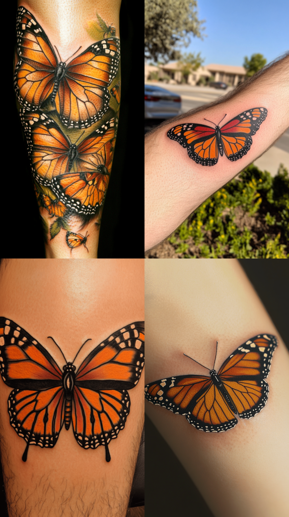 A collection of four monarch butterfly tattoos, all featuring highly realistic details. The top left shows a cluster of four monarchs in descending sizes on what appears to be a forearm, with subtle green foliage in the background. The top right displays a single monarch on someone's arm, photographed outdoors with natural lighting. The bottom left features a large, detailed monarch butterfly centered on what appears to be someone's leg, with particularly bold orange and black coloring. The bottom right shows a monarch in a natural pose as if it just landed, with intricate wing detail and shading that creates a three-dimensional effect. All four tattoos demonstrate exceptional realism in capturing the monarch's distinctive orange and black wing patterns and white spotted borders.