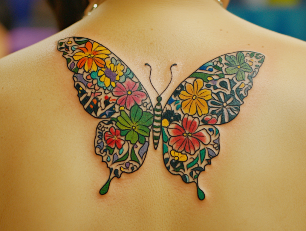 A decorative upper back tattoo featuring a large butterfly filled with a colorful floral mosaic pattern. The butterfly's wings are composed of various flowers in bright colors including red, yellow, orange, green, blue, and purple, creating a stained glass window effect. Each wing is symmetrically designed but contains slightly different arrangements of flowers and decorative elements. The butterfly has a simple black body and antennae in the center, and the wings end in small green tips. The linework is clean and bold, defining each flower and decorative element within the wings, while the colors are vibrant and well-saturated. The placement spans across the upper back, centered between the shoulder blades.