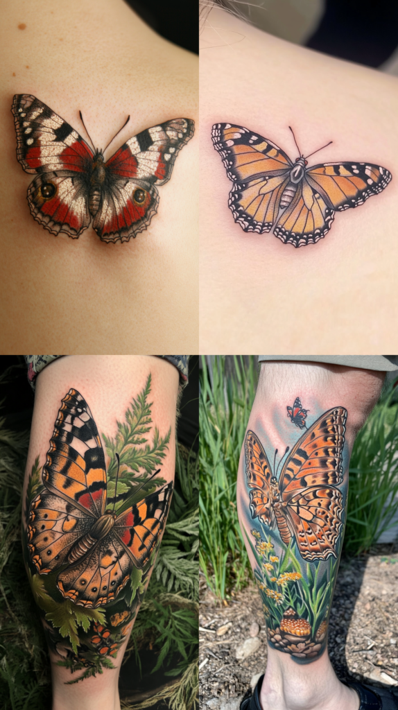 A collage of four tattoos featuring detailed butterfly designs. The top left shows a realistic red admiral butterfly with red, black and white wings. The top right depicts a monarch butterfly in orange and black with delicate wing patterns. The bottom left shows a large painted lady butterfly tattoo surrounded by green fern leaves. The bottom right features a nature scene with a large monarch butterfly, smaller butterfly, yellow flowers, and stones at the base, done as a leg piece. All tattoos demonstrate exceptional detail and realism in their execution, capturing the intricate patterns and colors found on actual butterfly wings.