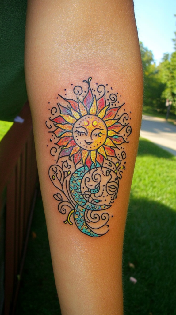 5. Smiling Sun Bursting With Vibrant Rays and Crescent Moon Companion