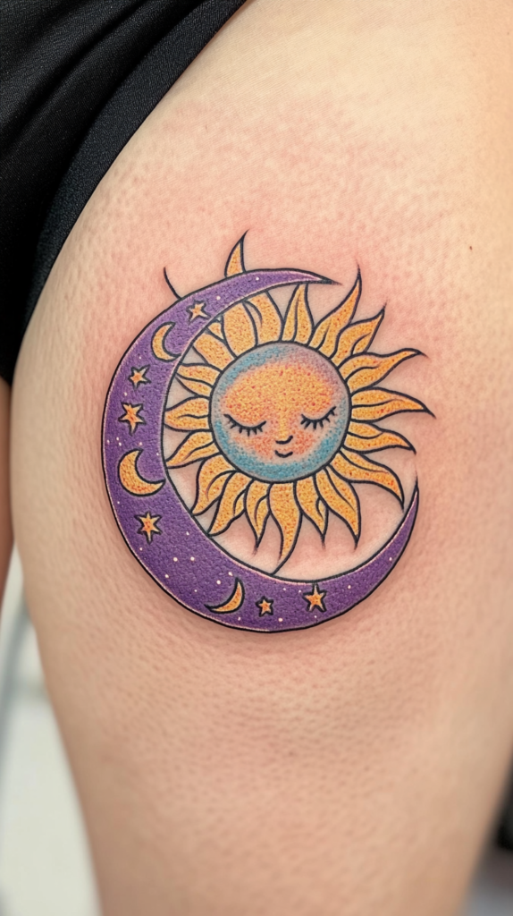 3. Smiling Sun Embraced by Crescent Moon and Stars