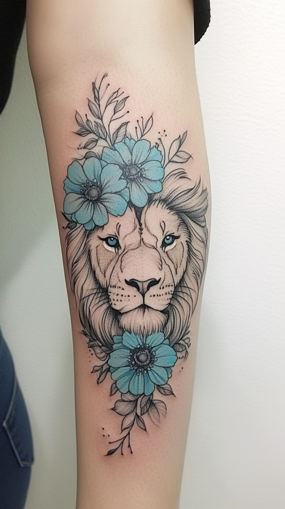 3. Turquoise Blossoms Framing Resolute Lion's Visage