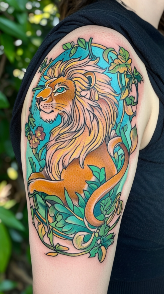 15. Vibrant Lion Emerging from Turquoise Foliage