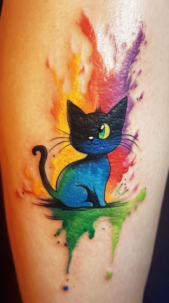 2. Vibrant Watercolor Cat Tattoo