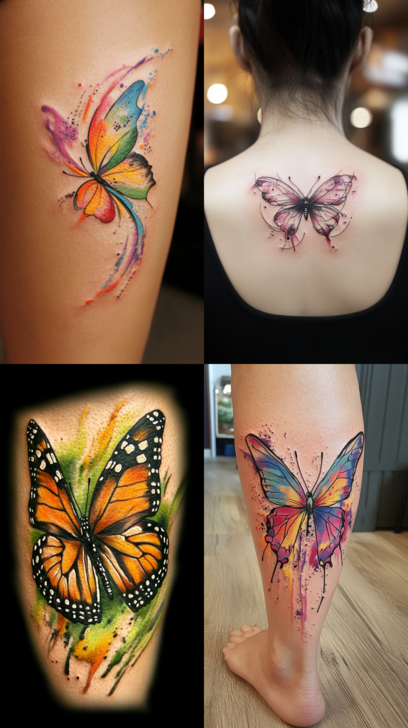 A collection of four watercolor-style butterfly tattoos. The top left shows an abstract butterfly with vibrant rainbow wings dissolving into colorful splatters and dots. The top right displays a delicate pink and purple butterfly centered on someone's upper back. The bottom left features a realistic monarch butterfly with orange and black wings against a soft green and yellow background with paint-like drips. The bottom right shows a large butterfly on someone's lower leg, featuring wings in bold watercolor splashes of pink, blue, and yellow with black ink details and paint splatters. Each tattoo demonstrates a different artistic approach to combining traditional butterfly imagery with modern watercolor tattoo techniques.